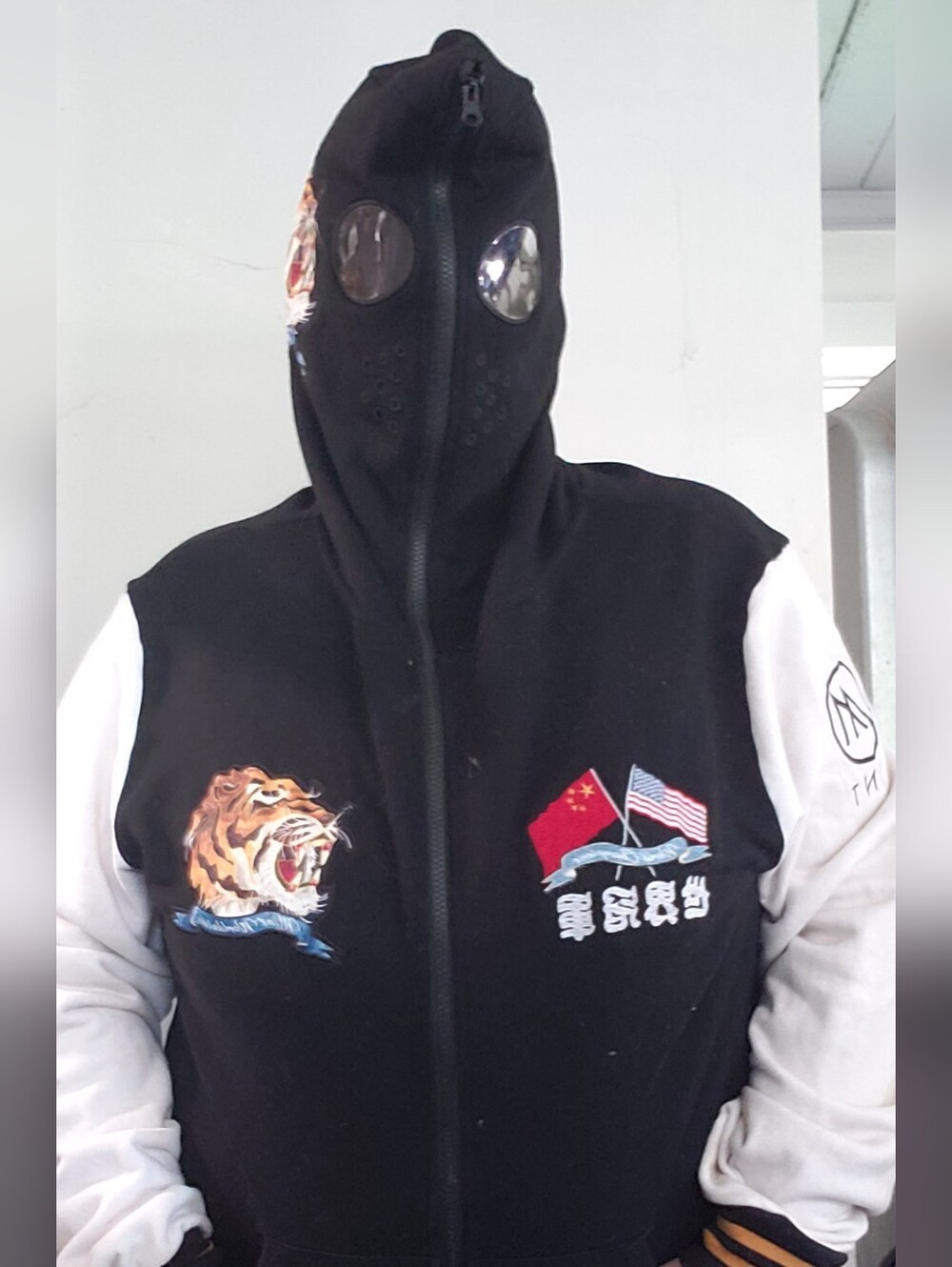 Mint Black and White Hooded Varsity Jacket with Embroidered Tiger & Flag Patch